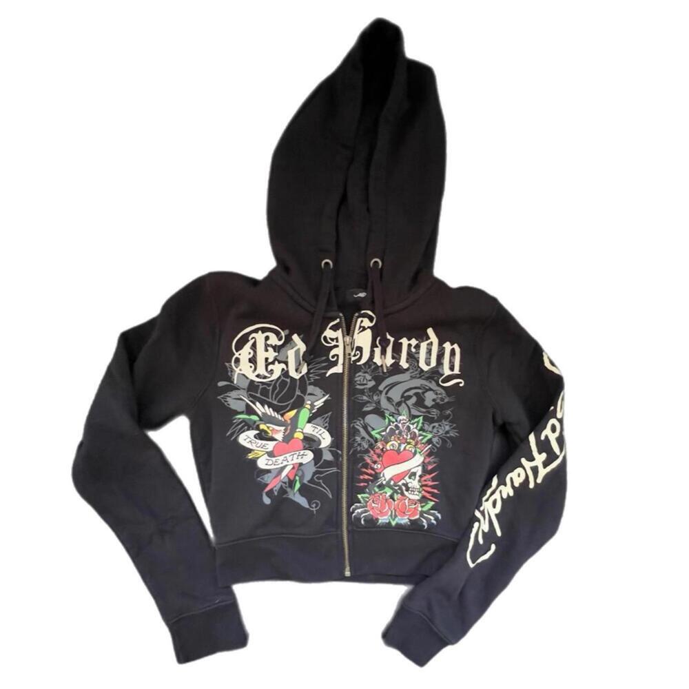 Ed Hardy Women's Black Zip-Up Hoodie with Graphic Print,‎ Size M